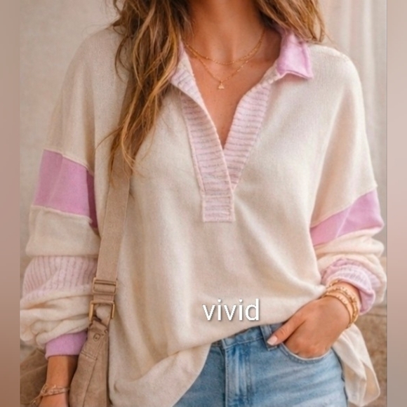 Boho French Terry Colorblock Sweater Oversized Lavender BucketList S/M/L NWT - Picture 5 of 9